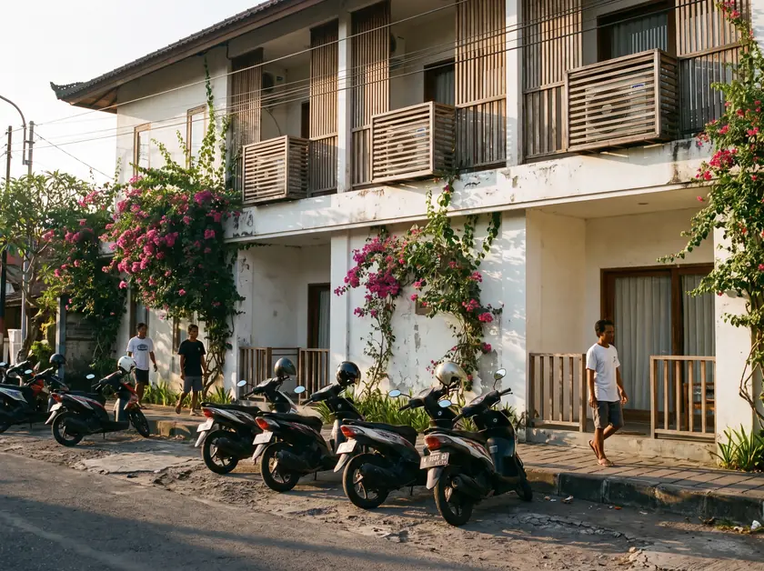 Apart-hotel facade in Canggu with outdoor AC units hidden behind timber screens