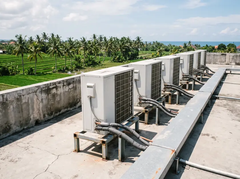 Air-conditioning outdoor units in a neat row on the roof of an apart-hotel in Canggu