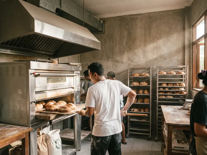 Baker at a deck oven under a wide stainless exhaust hood in a Sanur bakery