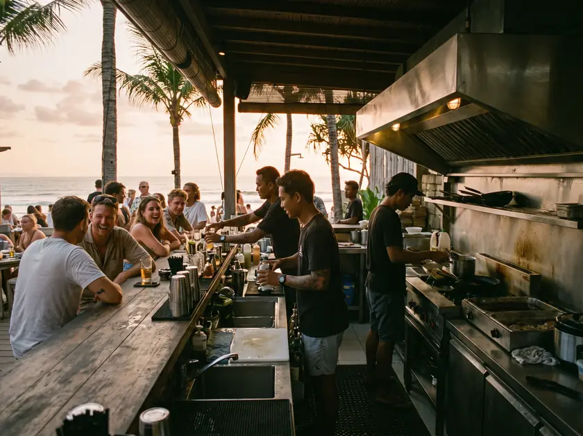 Beach club bar kitchen with a compact stainless canopy hood at sunset in Seminyak