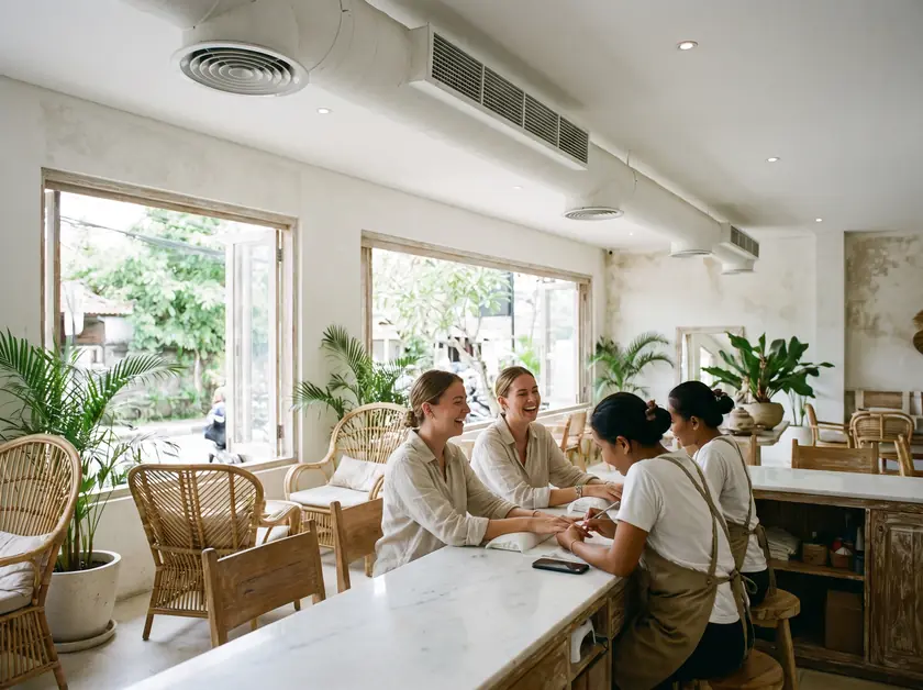 Nail salon in Canggu with local exhaust grilles above each manicure station