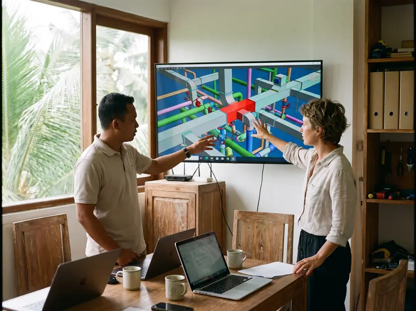 Engineers reviewing a highlighted clash in a 3D MEP model during a coordination meeting