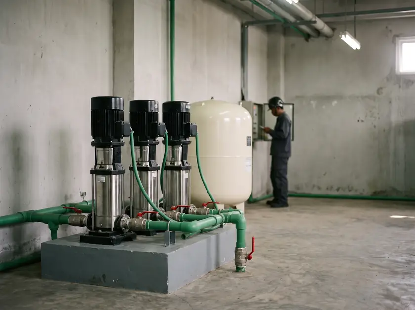 Booster pump set with pressure vessel in a hotel plant room in Labuan Bajo