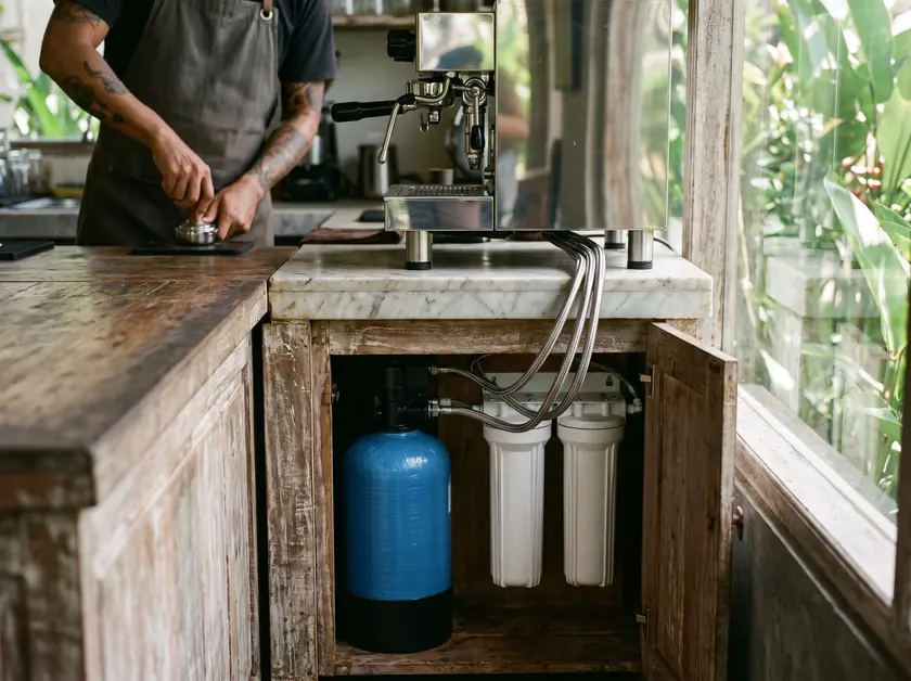 Water softener and cartridge filters feeding an espresso machine in an Ubud café