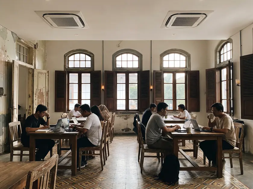 Ceiling cassette air conditioners in a high-ceilinged café in Yogyakarta