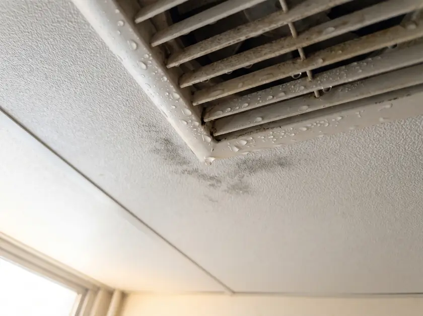 Condensation beads and a drip forming at an air-conditioning grille on a ceiling in Bali