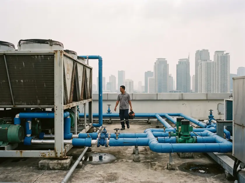 Air-cooled chiller and insulated chilled-water pipework on a Jakarta hotel roof
