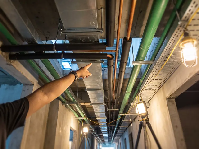 Ducts, pipes and cable trays running in coordinated layers in a ceiling void