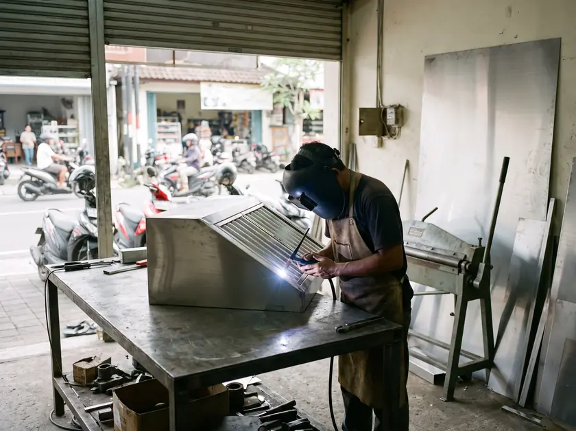 Fabricator TIG-welding a custom stainless steel kitchen hood in a Denpasar workshop