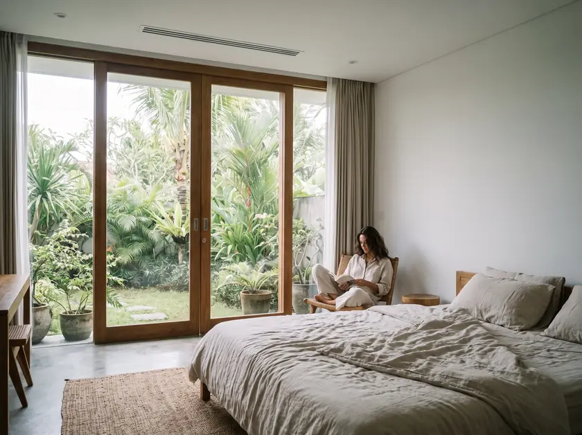 Villa bedroom in Pererenan with a slim fresh-air diffuser and closed garden doors