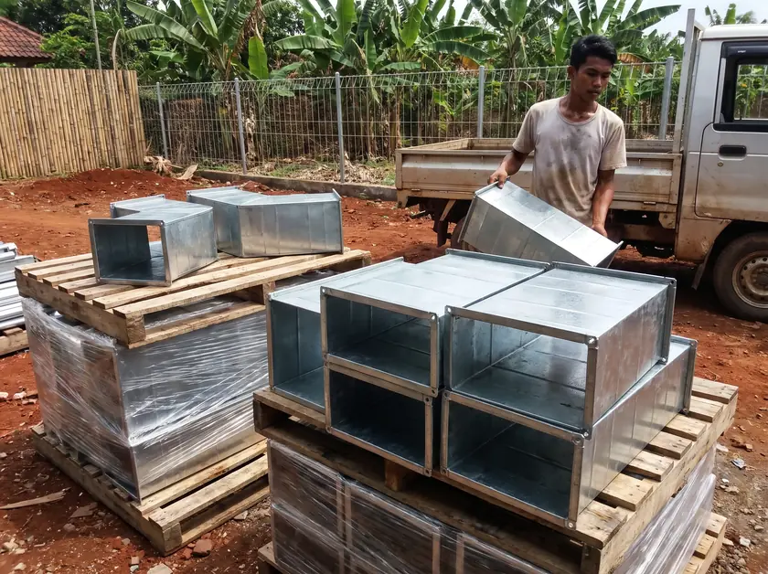 Galvanized rectangular ducts and elbows delivered to a construction site in Bali