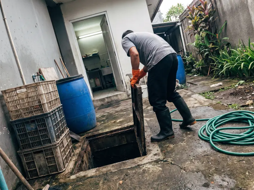 Technician opening an in-ground grease interceptor behind a Sanur restaurant