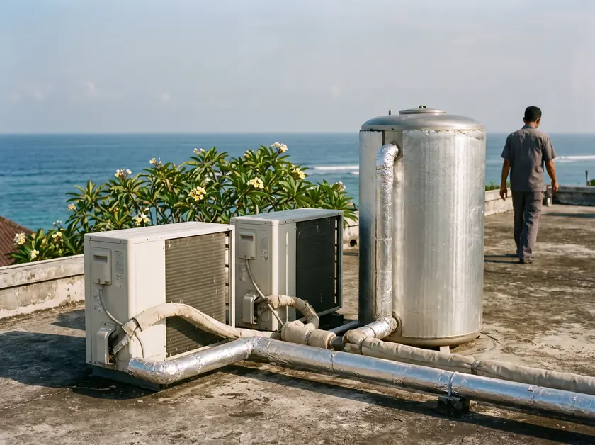 Heat-pump water heaters and an insulated storage tank on a Nusa Dua hotel roof