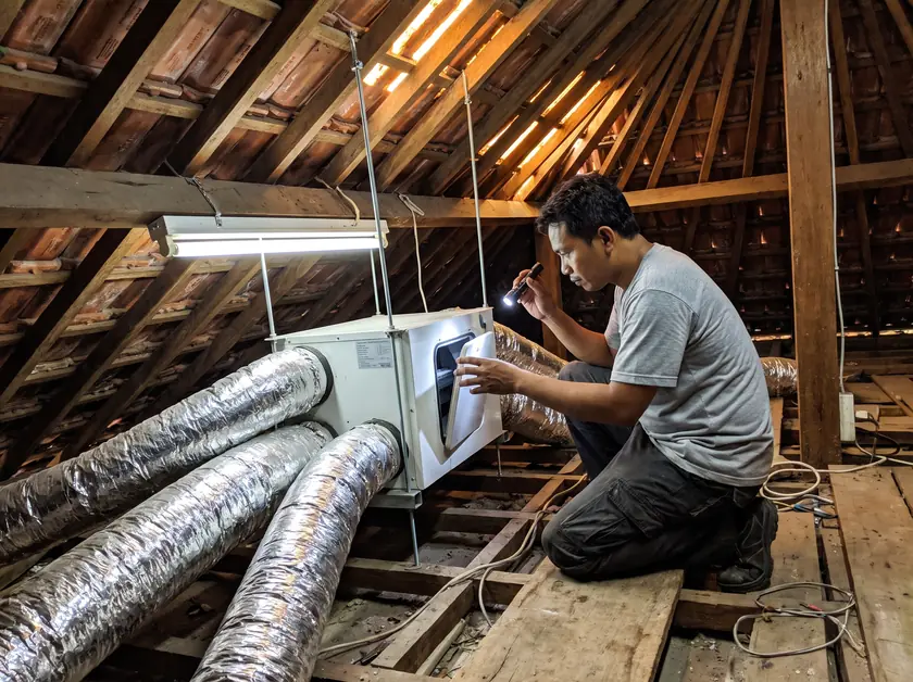 Heat-recovery ventilation unit with insulated ducts in the roof space of a villa near Ubud