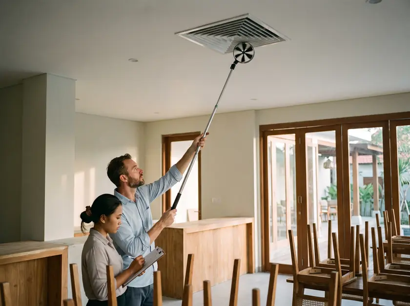 Engineer measuring supply airflow at a ceiling diffuser during restaurant commissioning
