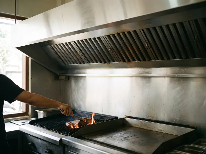 Wall canopy hood with baffle filters overhanging a charbroiler and griddle