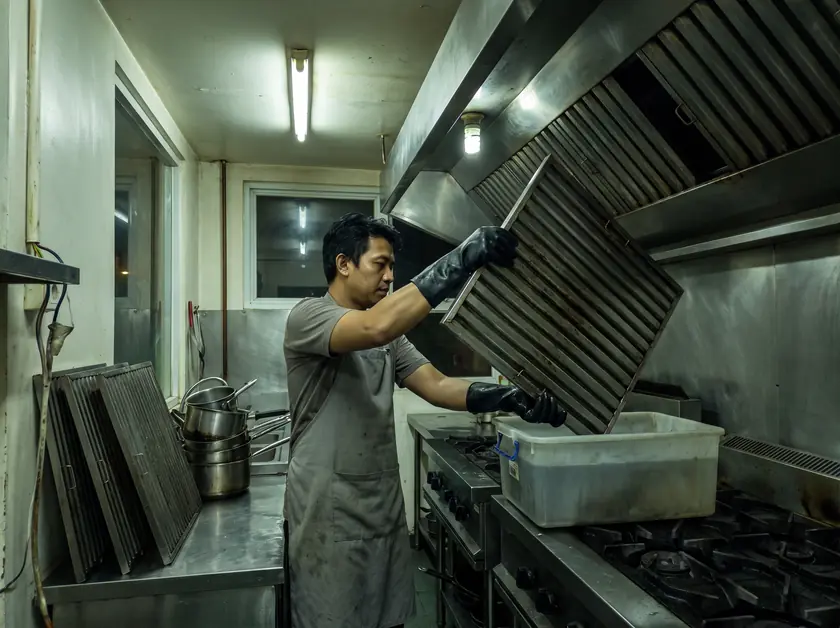 Technician removing hood baffle filters for cleaning after service in a Seminyak kitchen