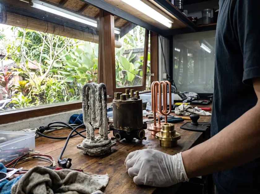 Limescale-covered espresso machine heating element next to a clean new part