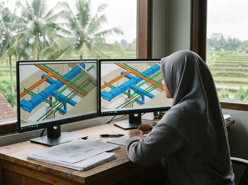 MEP engineer coordinating ducts, pipes and cable trays in a Revit 3D model