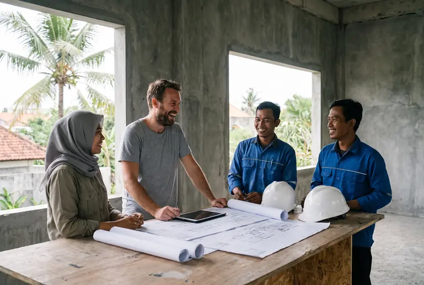 MEP engineering team reviewing drawings at a restaurant site in Canggu