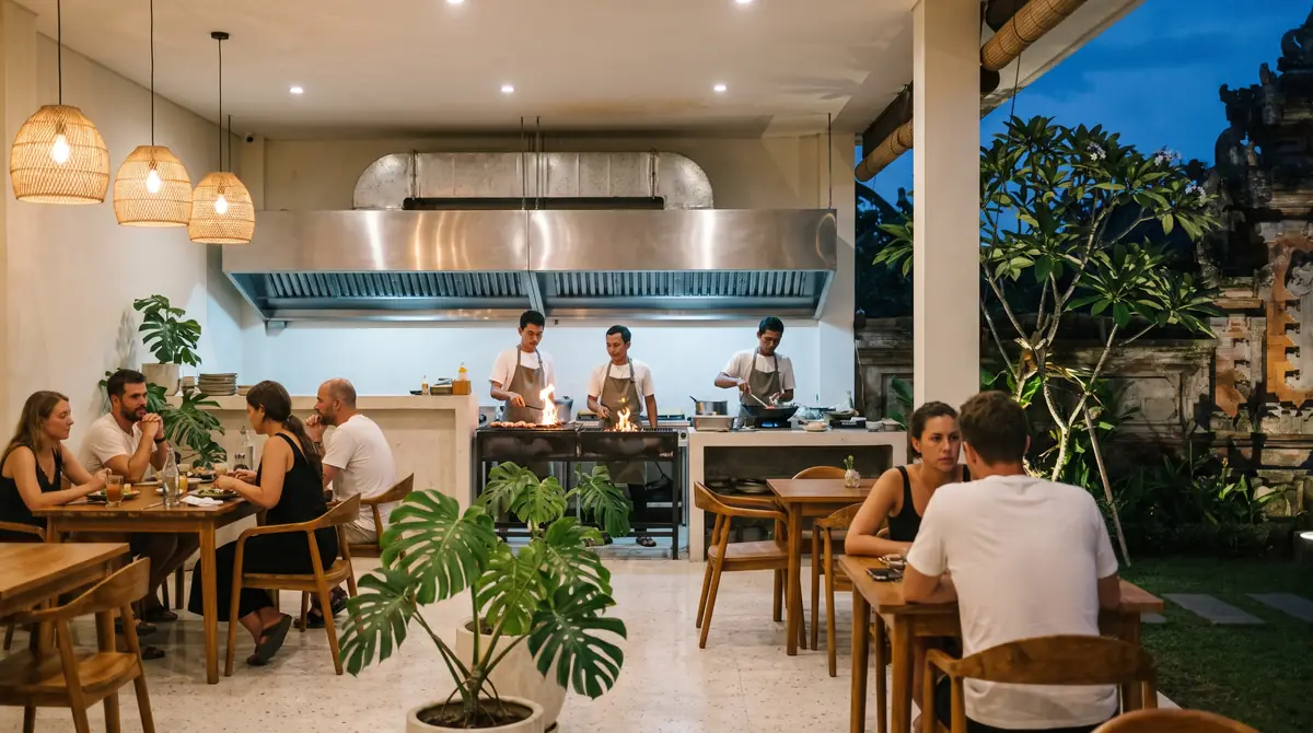 Open-kitchen restaurant in Canggu with a stainless canopy exhaust hood over the grill line and clear air in the dining room