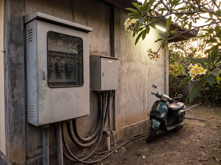 Utility meter cabinet and main breaker box on a restaurant wall in Bali