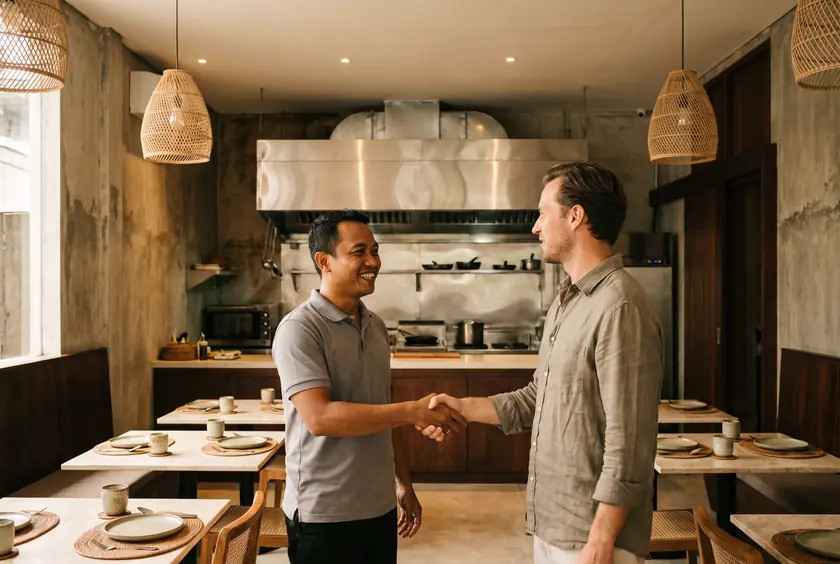 Restaurant owner and engineer shaking hands at handover before opening in Seminyak