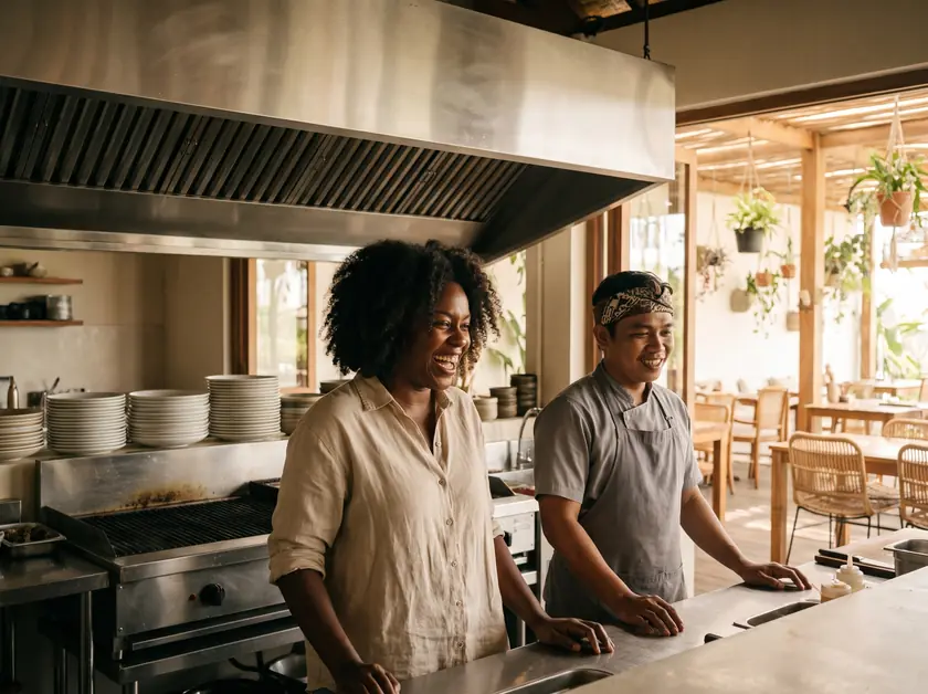 Restaurant owner and head chef at the pass of an open kitchen in Pererenan