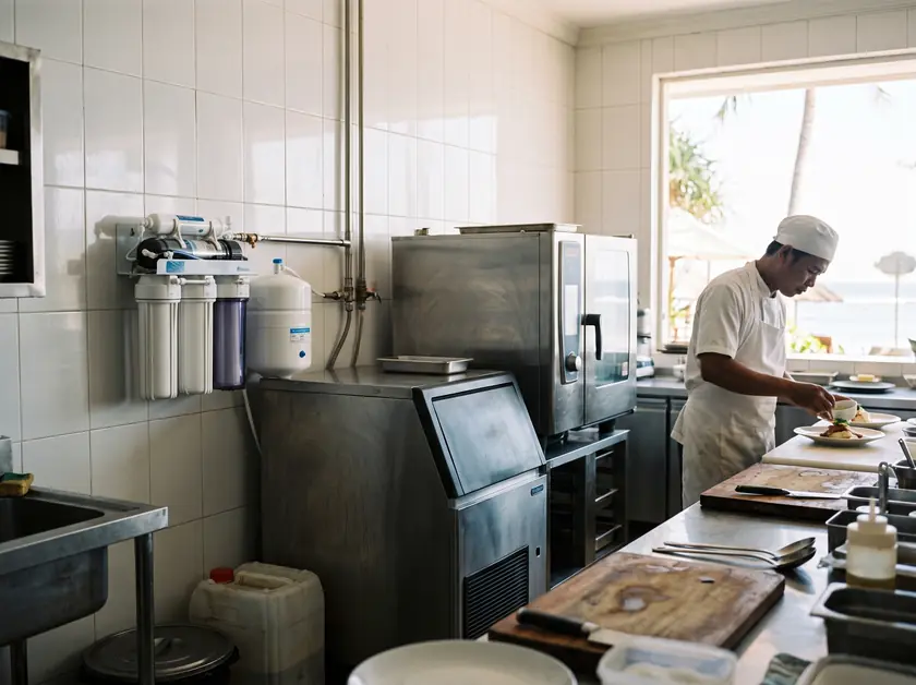 Reverse-osmosis system feeding an ice machine and combi oven in a Lombok resort kitchen