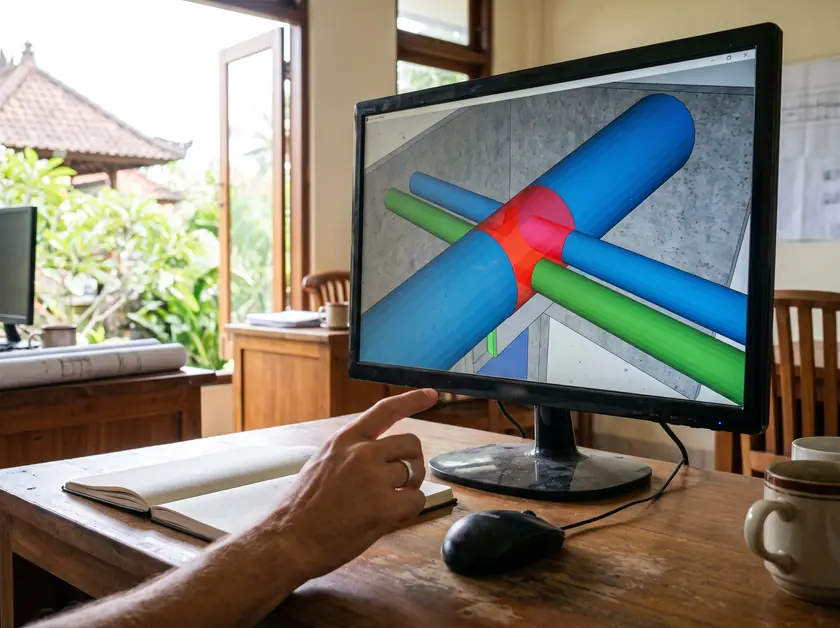 3D model showing a duct and pipe clash highlighted in red before installation