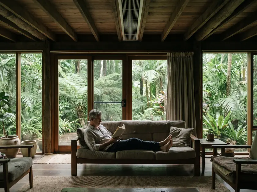 Jungle villa living room near Ubud kept fresh by a slot diffuser with the doors closed