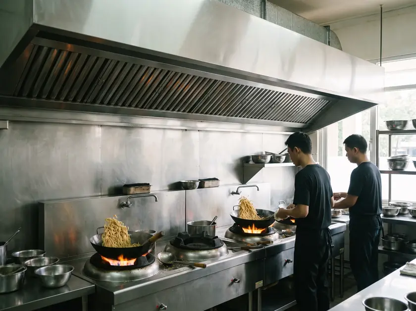 Wok burner line under a long wall canopy hood in a Jakarta restaurant kitchen