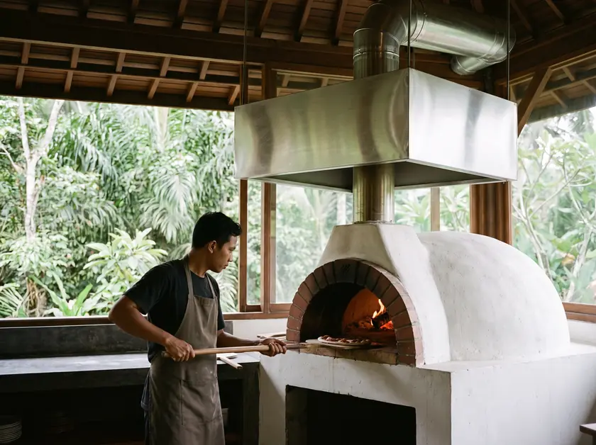 Wood-fired pizza oven with its own stainless exhaust hood in an Ubud trattoria
